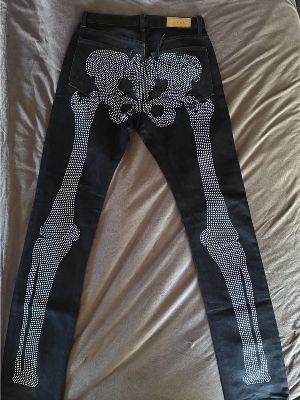 MNML Black Skinny Jeans with White Crystal Skeleton - Picture 2 of 4